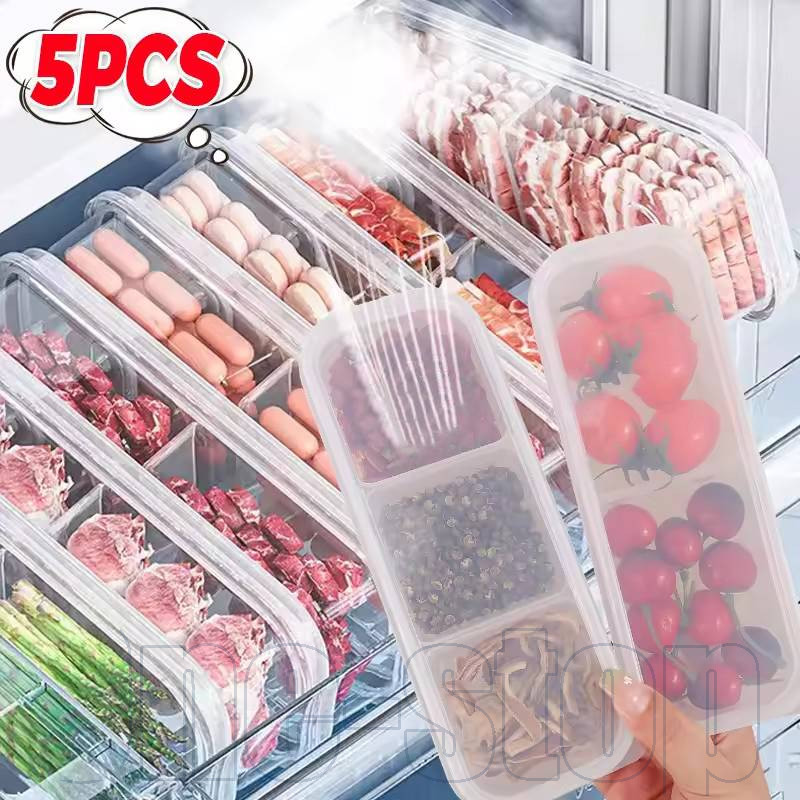 1-5ชิ้นกล่องตู้เย็นใสดูบาง | ที่จัดระเบียบพลาสติกที่ทนทานสําหรับเนื้อสัตว์/ผักแช่แข็ง- 2/3ช่อง,ภาชนะเก็บอาหาร
