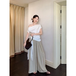 Dahong 💖 99168 เสื้อไหล่เฉียง เนื้อผ้าซาตินเรียบหรู ทรงสวย ผ้าดีใส่สบาย งานจริงสวยสง่าแฟชั่นเกาหลี