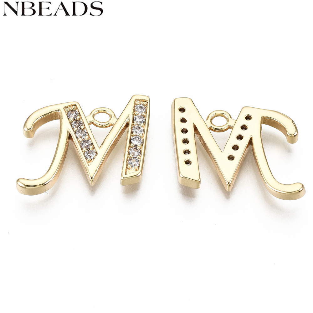 2 ชิ้นทองเหลือง Micro Pave Clear Cubic ia จี้นิกเกิลฟรี golden Word Letter.M 12.5x16x2 มม.รู: 1.5 มม