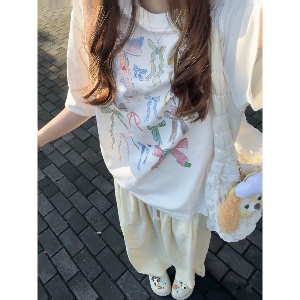 ฤดูร้อนเกาหลีสีโบว์พิมพ์ลําลองแขนสั้นเสื้อยืดผู้หญิง 240705