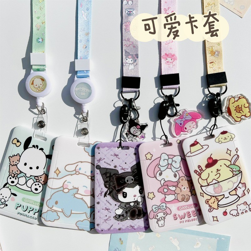Hello Kitty Kuromi Melody การ์ตูน PVC ผู้ถือบัตร Sanrio อะนิเมะเชือกเส้นเล็ก ID เคสป้องกันแขวนคอ Anti-lost ฝาครอบ