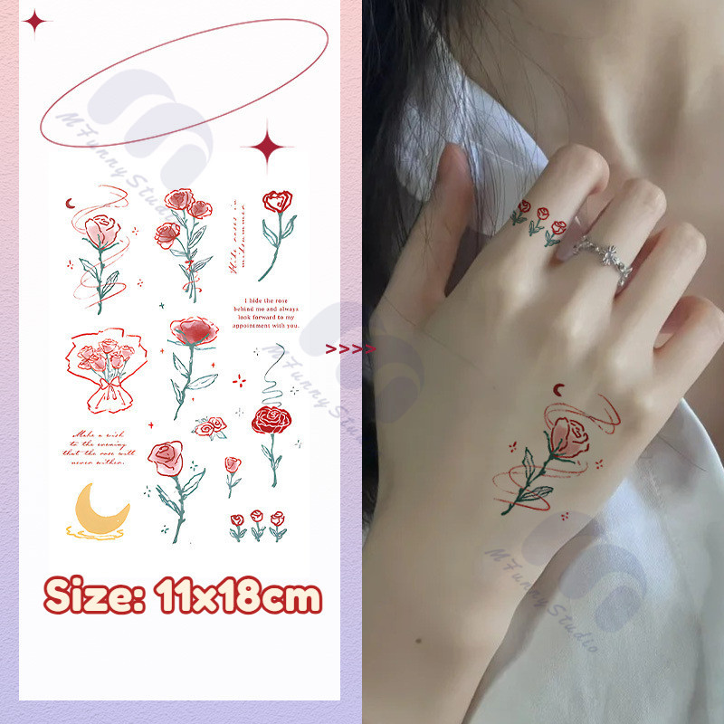 MF Magic TattooRed Rose Flower Love Color Tattoo ชั่วคราว Tattoo สติกเกอร์กันน้ําติดทนนาน 15 วัน