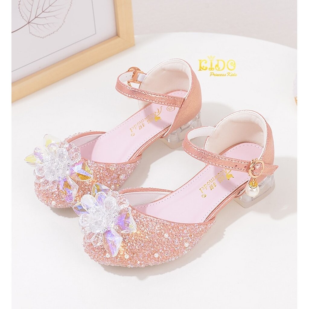 รองเท้าเด็กออกงาน(หน้าร้านอยู่รัชดา ลองได้)H151 สีชมพู เปิดข้างประดับดอกไม้แก้ว