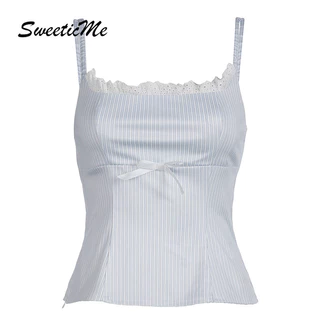 SweeticMe แฟชั่นใหม่ของผู้หญิงลูกไม้สลิมฟิตโบว์สายลายหวานเสื้อกล้ามสายเดี่ยว