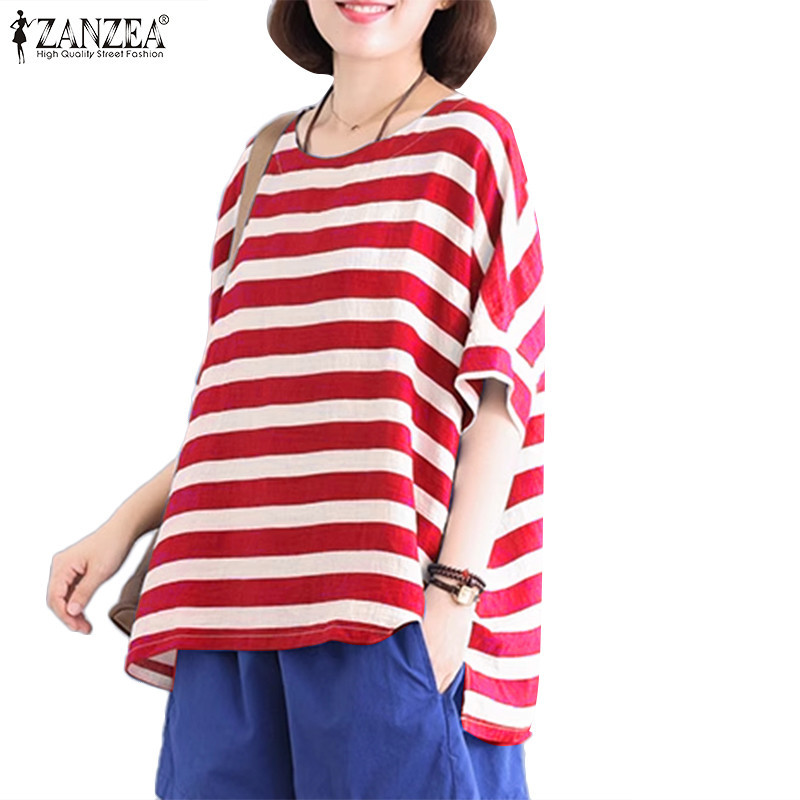 ZANZEA ซานเซีย ผู้หญิงเกาหลีลําลองคอกลมแขนสั้นหลวมลายเสื้อ