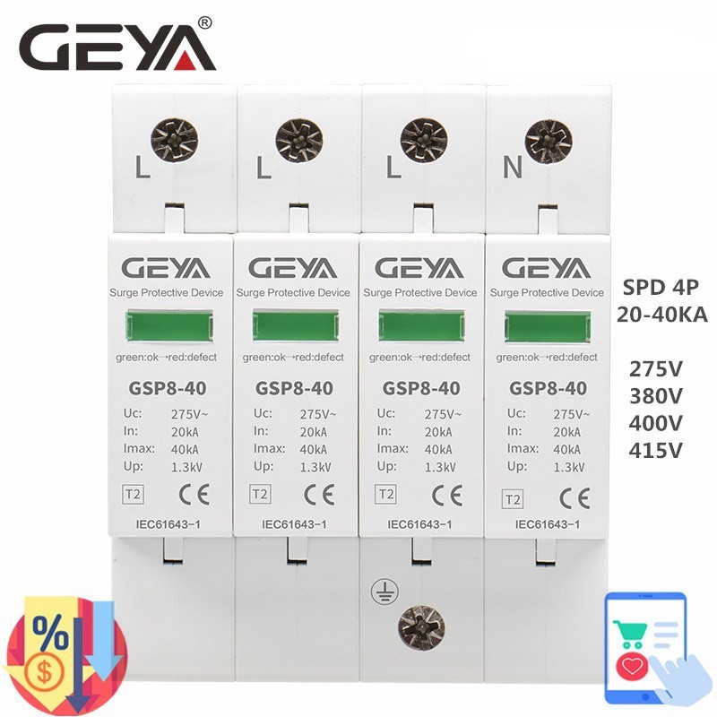 ❊GEYA 3P N AC SPD Din Rail 4 Pole AC275V 400V 440V 20KA-40KA AC Surge Protector
