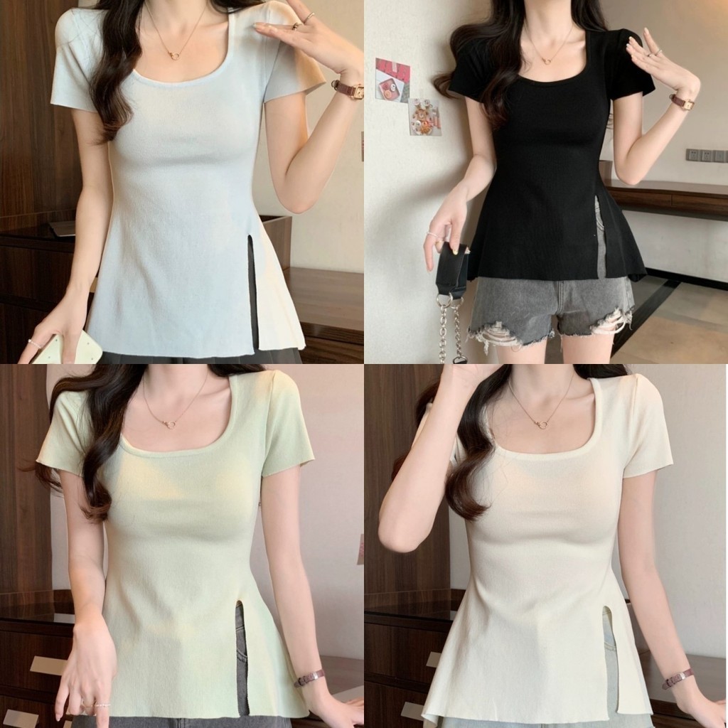Firewire พร้อมส่ง เสื้อยืดผู้หญิง แขนสั้น ผ้าไหมพรม สไตล์เกาหลี น่ารัก ดีไซน์ผ่าข้าง ทรงพอดีตัว "D113"