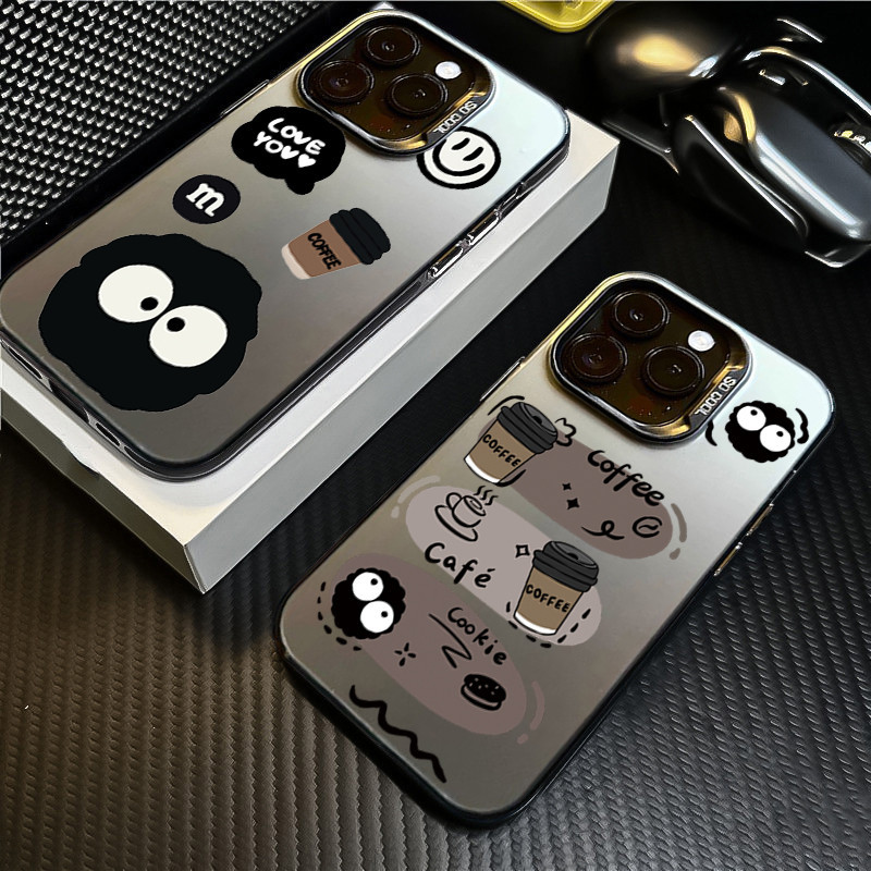 การ์ตูน Doodle Little Coal Ball Briquet กาแฟสําหรับ Samsung Galaxy S24 S23 Ultra S22 S21 Plus S20 S21 S23 FE หมายเหตุ 20 Ultra Smiley Face หรูหรา IMD ชุบโลหะ Hard ฝาหลัง