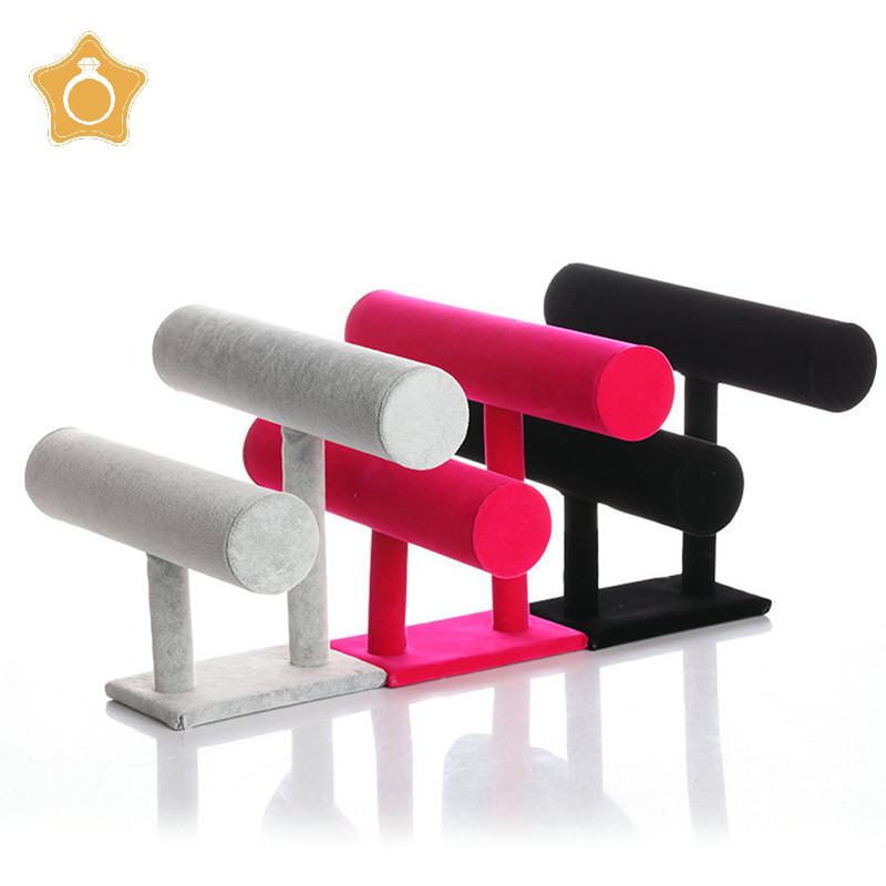 [IN] 2 ชั้นกําไลข้อมือสร้อยข้อมือผู้ถือจอแสดงผล T-Bar Stand กํามะหยี่สีดําตู้โชว์ขาตั้ง TH