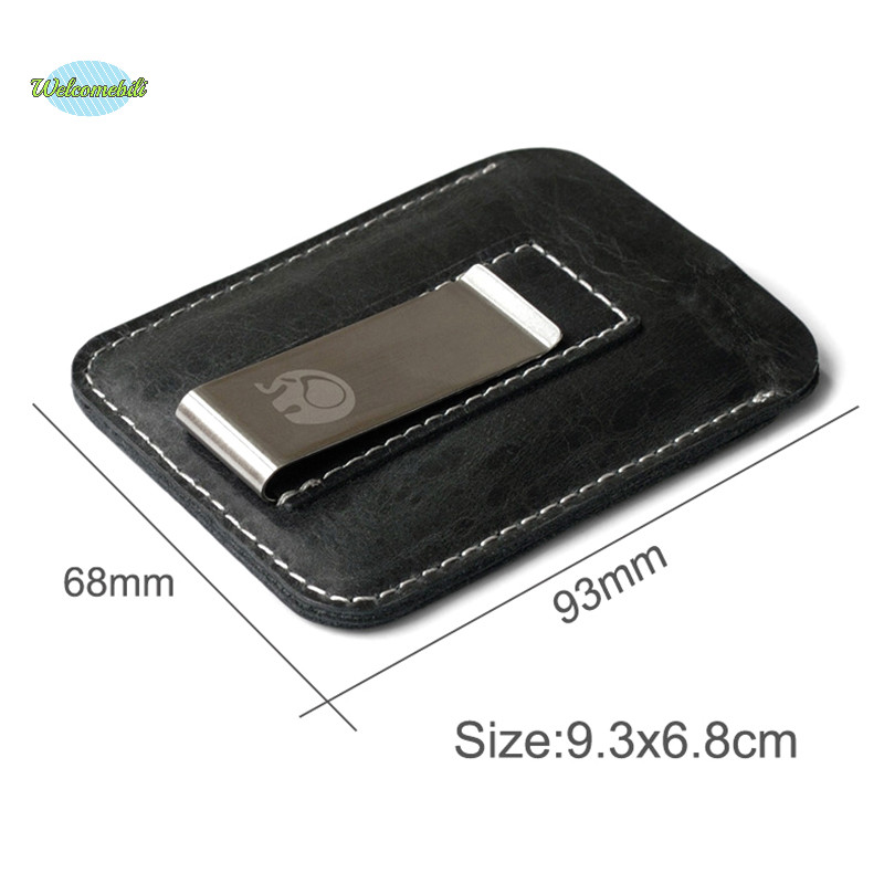 [Welcomebili] Thin Leather Money Clip Mini Wallet Men Credit Card Slot Slim Bills Metal Cash Clamp For Man Small Billfold Holder NEW