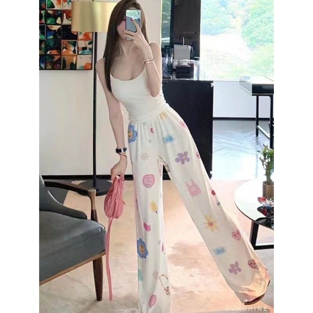 หวานสไตล์วิทยาลัยฮิปฮอปสนุกพิมพ์ลายลําลองฤดูร้อนผู้หญิงกางเกงขากว้างเอวสูงทรงหลวม