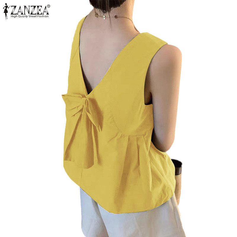 Zanzea ผู้หญิงเกาหลีลําลองคอวีแขนกุดลาย Patchwork จีบถังหลวม