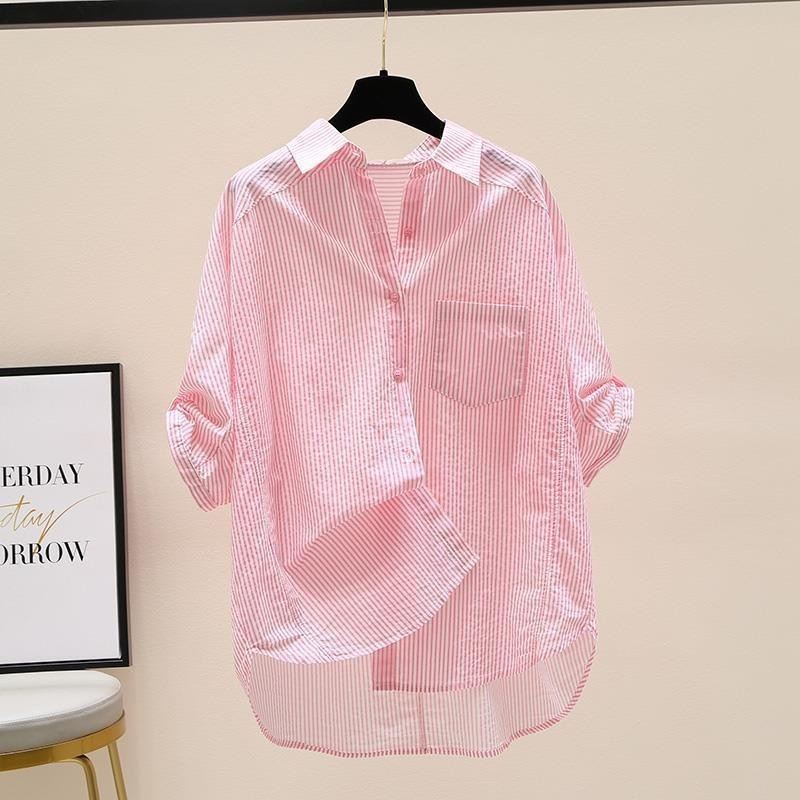 ส่งไวจากไทย Summer S-3XL100% ผ้าฝ้ายแท้ สีชมพู แถบ เสื้อเชิ้ต ผู้หญิง สไตล์ใหม่ ท็อปส์ เทรนด์