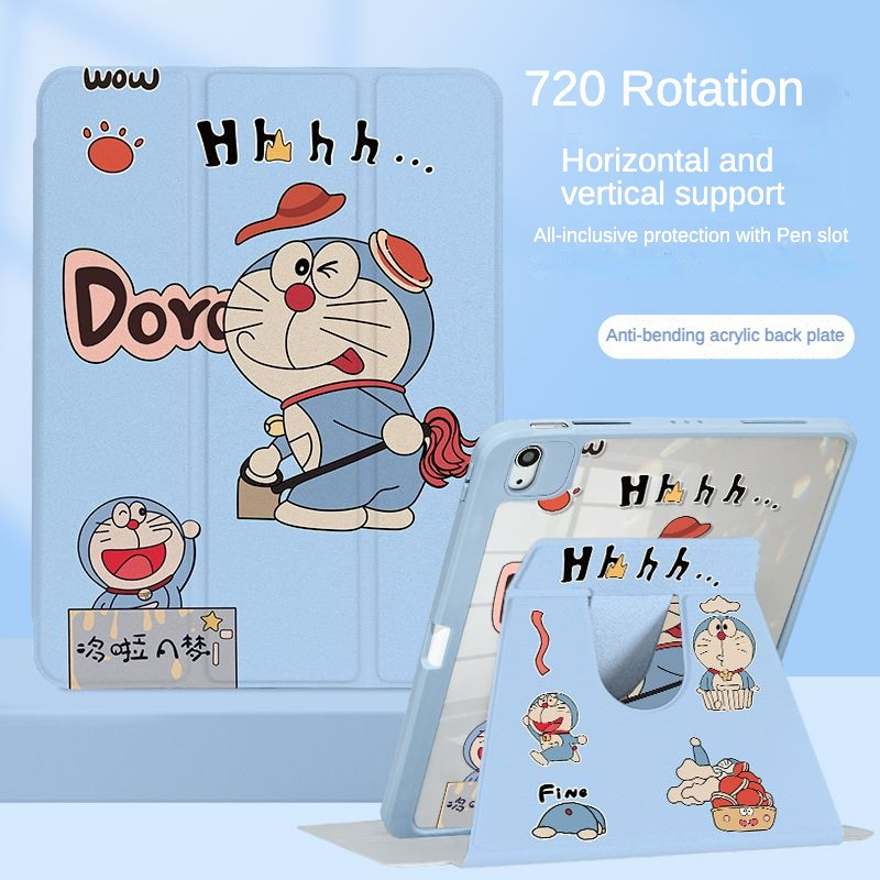 เคส Ipad 360 ° Rotation Cartoon น่ารัก Doraemon เหมาะสําหรับอะคริลิค iPad Air6 Gen7/8/9 10.2 Gen5/6 9.7 Air4 Air5 10.9 Pro11 Gen10 Triple พับ iPad Cover