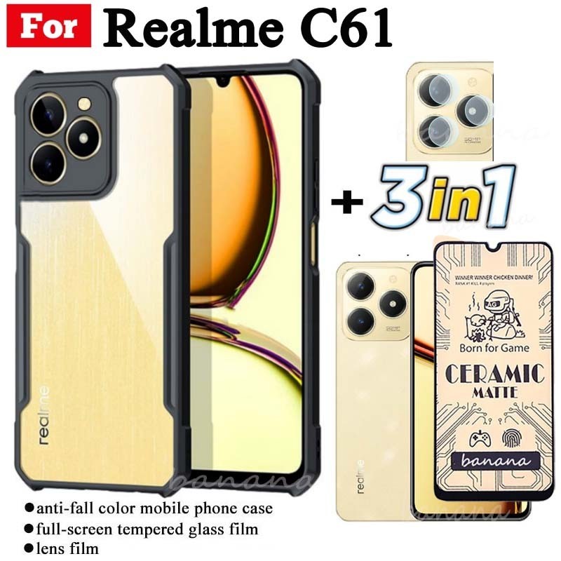 3 in 1 Realme C61 เคสโทรศัพท์กันกระแทกสําหรับRealme C63 C65 C 61 C 63 เซรามิคFrostedฟิล์ม + ฟิล์มเลน