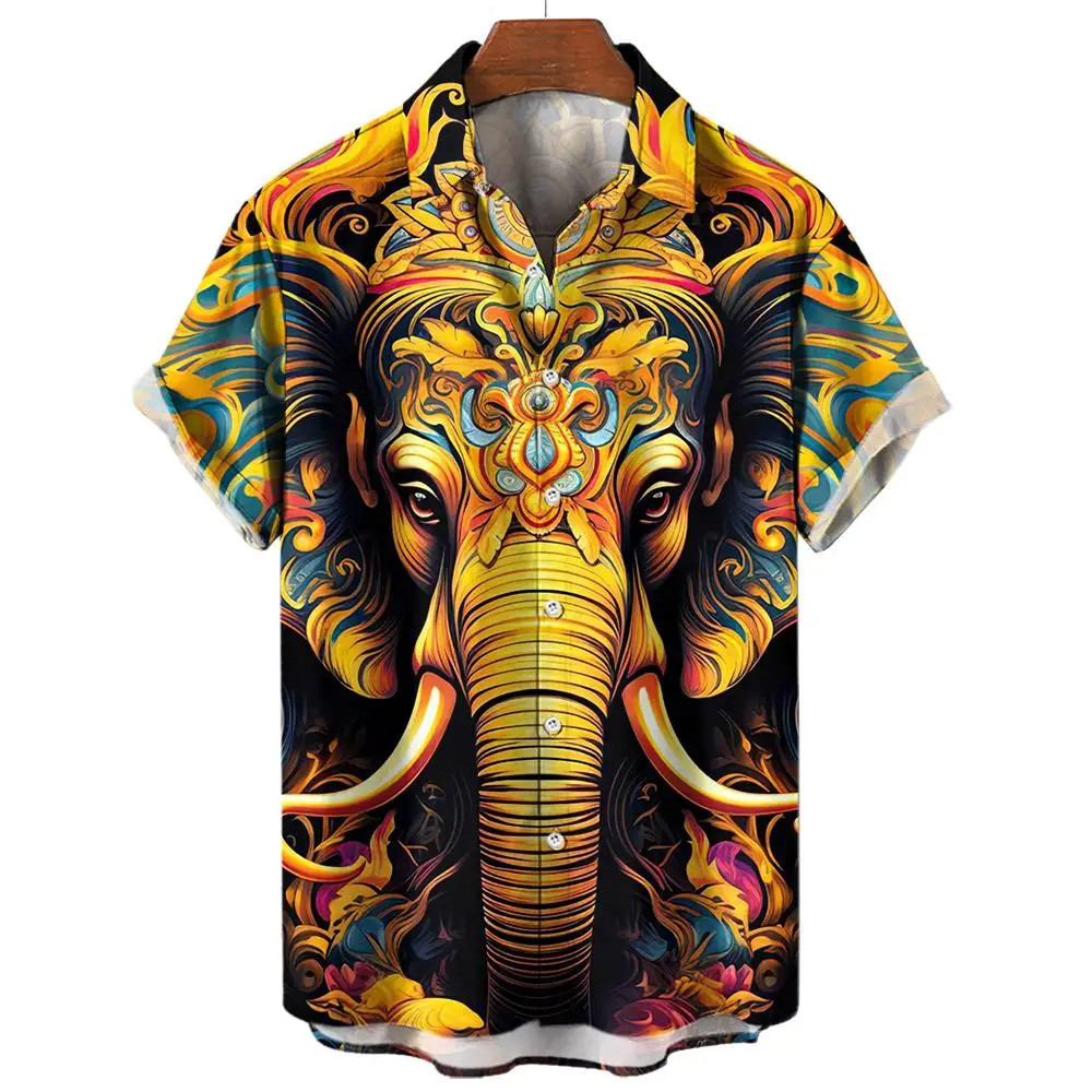 เสื้อฮาวายฤดูร้อน 3d พิมพ์ลายช้างผู้ชายเสื้อแขนสั้น Street Casual ปกปุ่มเสื้อด้านบนผู้ชายเสื้อผ้า