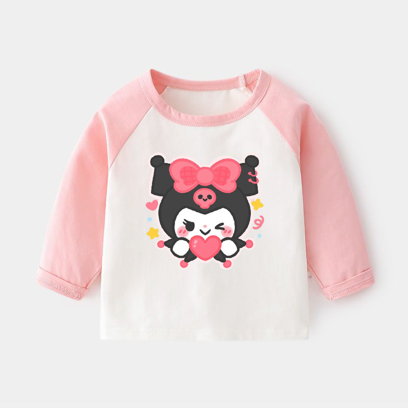 Kuromi Cinnamoroll Sanrio พิมพ์พิมพ์แฟชั่นยาว Raglan เสื้อยืดเด็กผู้หญิงรอบคอสีชมพูเสื้อยืด