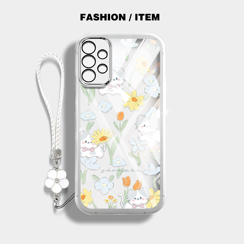 SAMSUNG น่ารักดอกไม้และแมวกันกระแทกเคสโทรศัพท์สําหรับsamsung Galaxy A23 A32 A52 A72 4G 5G A33 A53 A73 M32 A52S 5Gปลอกโปร่งใสฝาครอบป้องกันด้วยเชือกแขวนดอกไม้