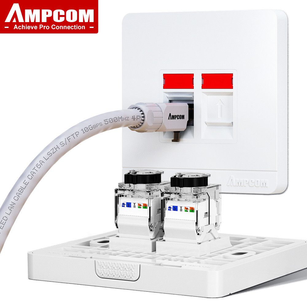 Ampcom 86*86 แผ่นติดผนัง CAT6A Keystone Jack Kit, Wall faceplate พร้อม CAT6A 10Gbps UTP รัชต์คีย์โทน