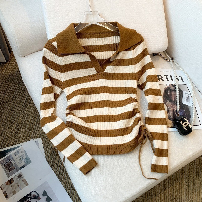 BFS - ZNF KOREAN WOMENS KNIT TOP DILA / เสื้อคอวี Tini Top Blouse / Stripe Drawstring Top / เสื้อคอว