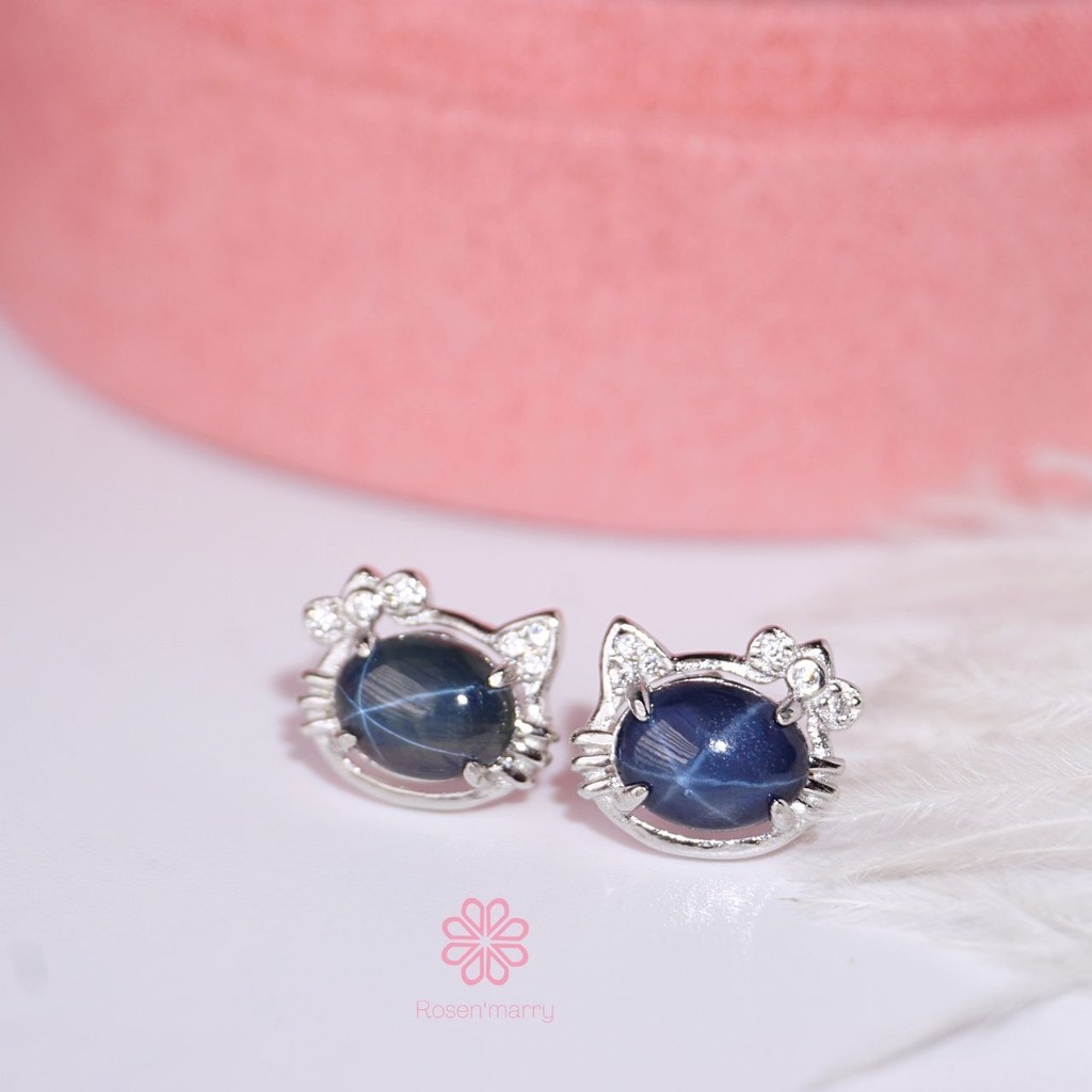 Rosen'marry/ ต่างหูติดหูไพลินสตาร์แท้ ตัวเรือนเงินแท้925 ต่างหูแมว พลอยแท้เสริมดวง ของขวัญ RE061