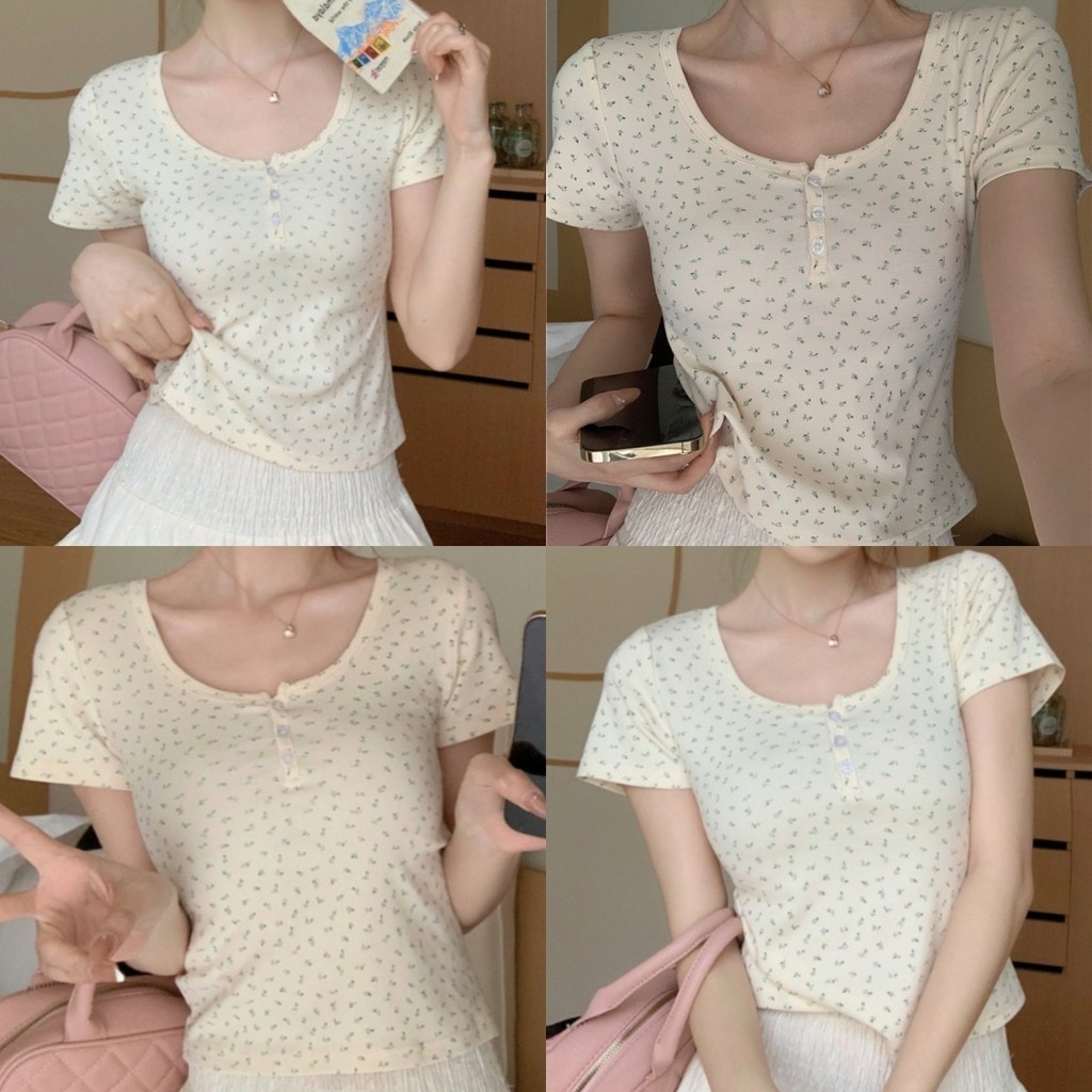 💜Evelyn💜​เสื้อยืดผู้หญิง แขนสั้น คอกลม กระดุมหน้า ดีเทลลายดอกไม้ เกาหลีสไตล์ เสื้อครอป ผ้านิ่ม ใส่สบาย ทรงสวย