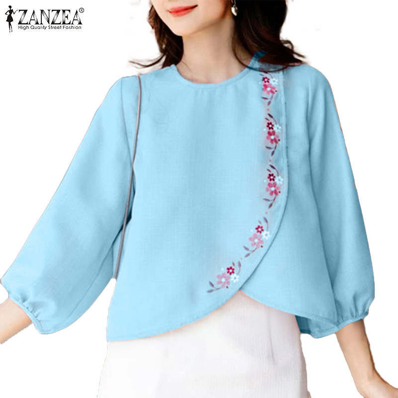 ZANZEA ซานเซีย ผู้หญิงเกาหลีลําลองหลวมรอบคอ3/4แขนเสื้อเย็บปักถักร้อย