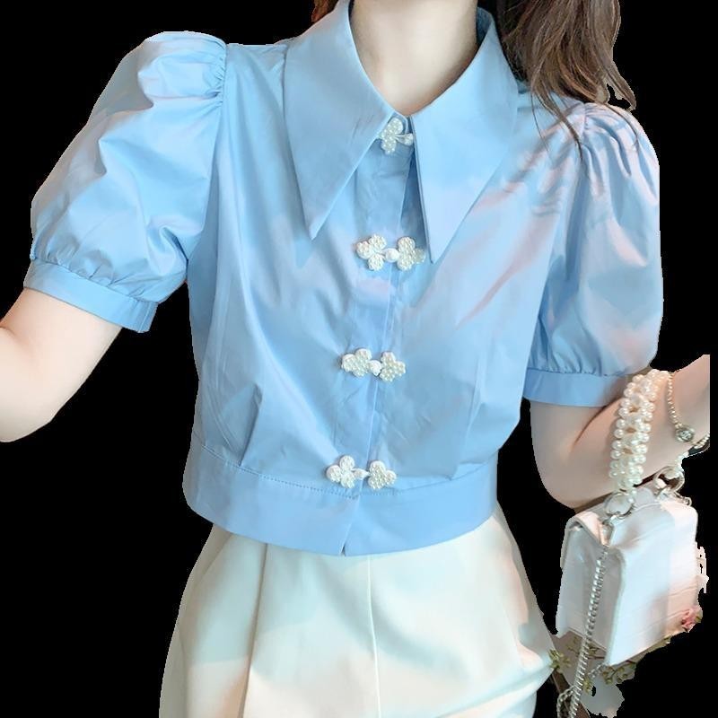 สดพัฟแขนเสื้อสีฟ้าเก๋สีกากีเอวเสื้อขนาดเล็กสั้นสไตล์ตะวันตกชีฟองด้านบน - รูปที่ 3