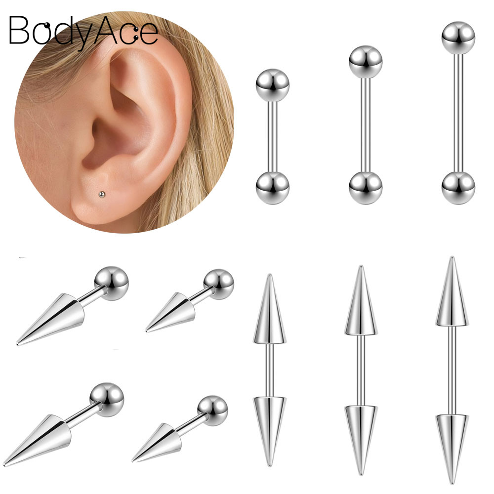 Bodyace 1 ชิ้นต่างหูสแตนเลส 16G/18G เจาะหู Helix Stud ต่างหู Conch Ear Stud Silver Body Piercing