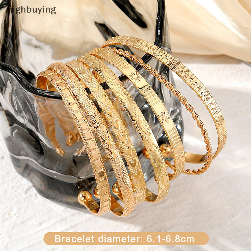 [ซื้อสูง] 7 ชิ้น/เซ็ต Bohemian Vintage โลหะทองเรขาคณิตแกะสลักดอกไม้เปิดสร้อยข้อมือชุดสําหรับผู้หญิงแฟชั่นเครื่องประดับของขวัญสต็อกใหม่