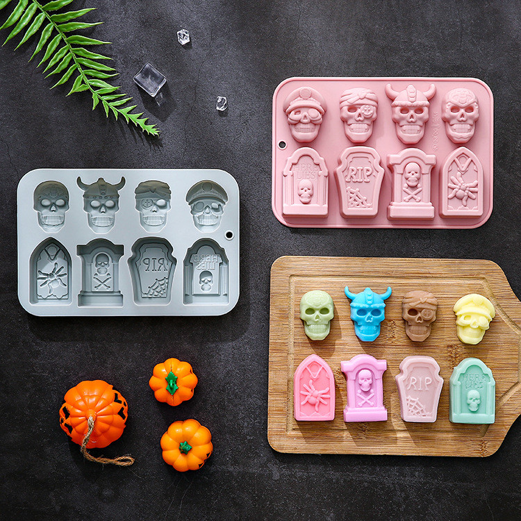 8 ช่อง Tombstone Skull Shape ซิลิโคน แม่พิมพ์ฮาโลวีน Series ตกแต่งเค้ก ช็อกโกแลต อีพ็อกซี่ DIY