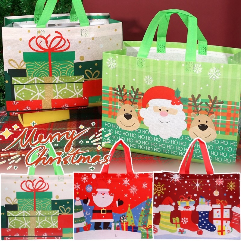 Santa Elk Snowflake Non-Woven Tote Bag - หนากันน้ําความจุขนาดใหญ่ - กระเป๋าถือคริสต์มาส - ถุงบรรจุพิมพ์คริสต์มาส - ถุงเก็บ Eco - ถุงบรรจุภัณฑ์ของขวัญขนม
