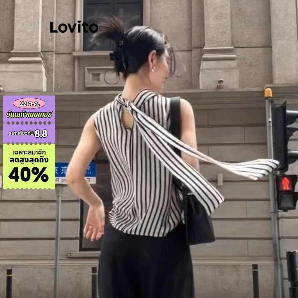 Lovito เสื้อเบลาส์ผู้หญิง ลายทาง ผูกด้านหลัง สไตล์ลำลอง LNE55441