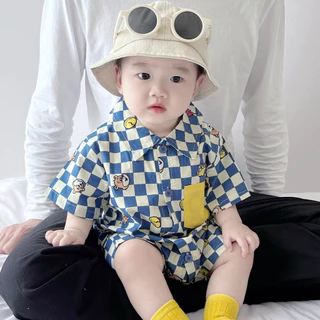 ฤดูร้อนเสื้อผ้าเด็กทารกชายหญิงแขนสั้น ชุดรอมเปอร์ 0-24 เดือนทารกแรกเกิด สุด ๆ หล่อ โปโล กระดานหมากรุก สไตล์เกาหลีบอดี้สูท