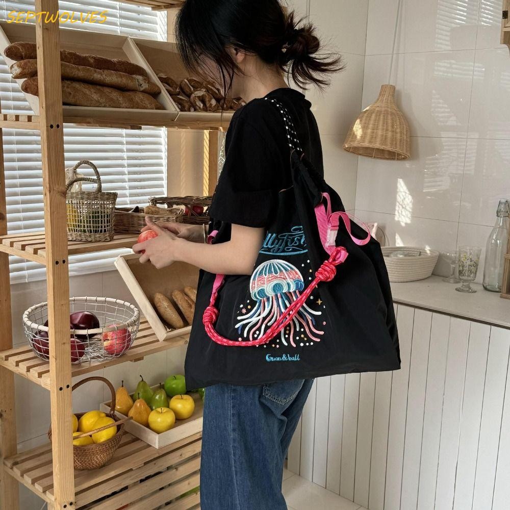 Septwolves Ball&Chain เย็บปักถักร้อยกระเป๋าถือ,แมงกะพรุน Tote Bag กระเป๋าถือ Drawstring, น่ารักสไตล์เกาหลีไนลอนพิมพ์ INS กระเป๋าสะพายผู้ชาย