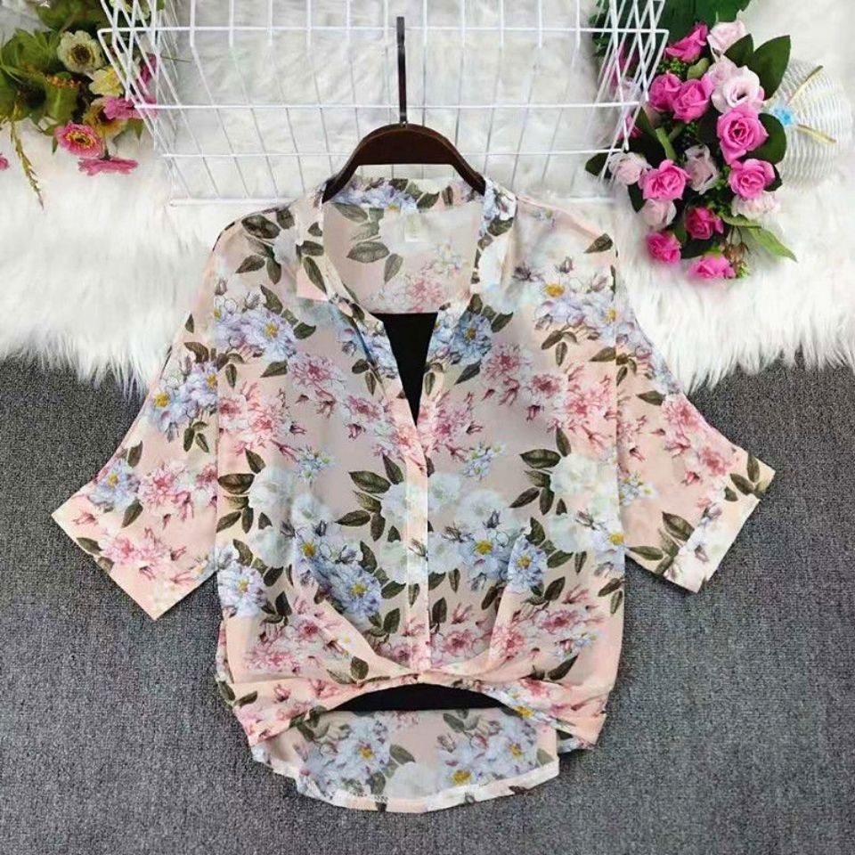 เสื้อชีฟองลายดอกไม้สลิงชุดสองชิ้นด้านบนผู้หญิงหลวม ผอมลง ดูคอวีตุ๊กตาแขนเสื้อบาง
