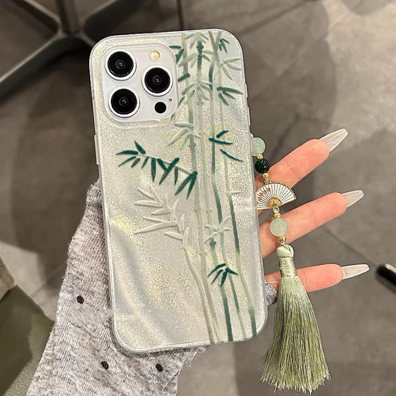 ญี่ปุ่นญี่ปุ่นเกาหลี ins เส้นด้ายขนนกสีเขียวโซ่ไม้ไผ่เหมาะสําหรับ iPhone15promax เคสโทรศัพท์ Apple 14 13 12 11 XSmax XR 8plus 7 กันกระแทกอะคริลิคขอบนุ่มเคสแข็ง High-End กรณีป้องกัน