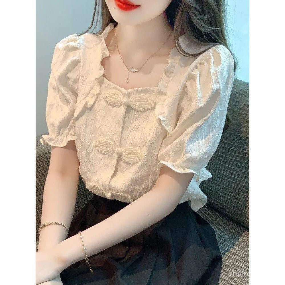 เสื้อแขนพัฟฤดูร้อนออกแบบหูไม้เสื้อคอเหลี่ยมเก๋เอวแน่น EI4Q