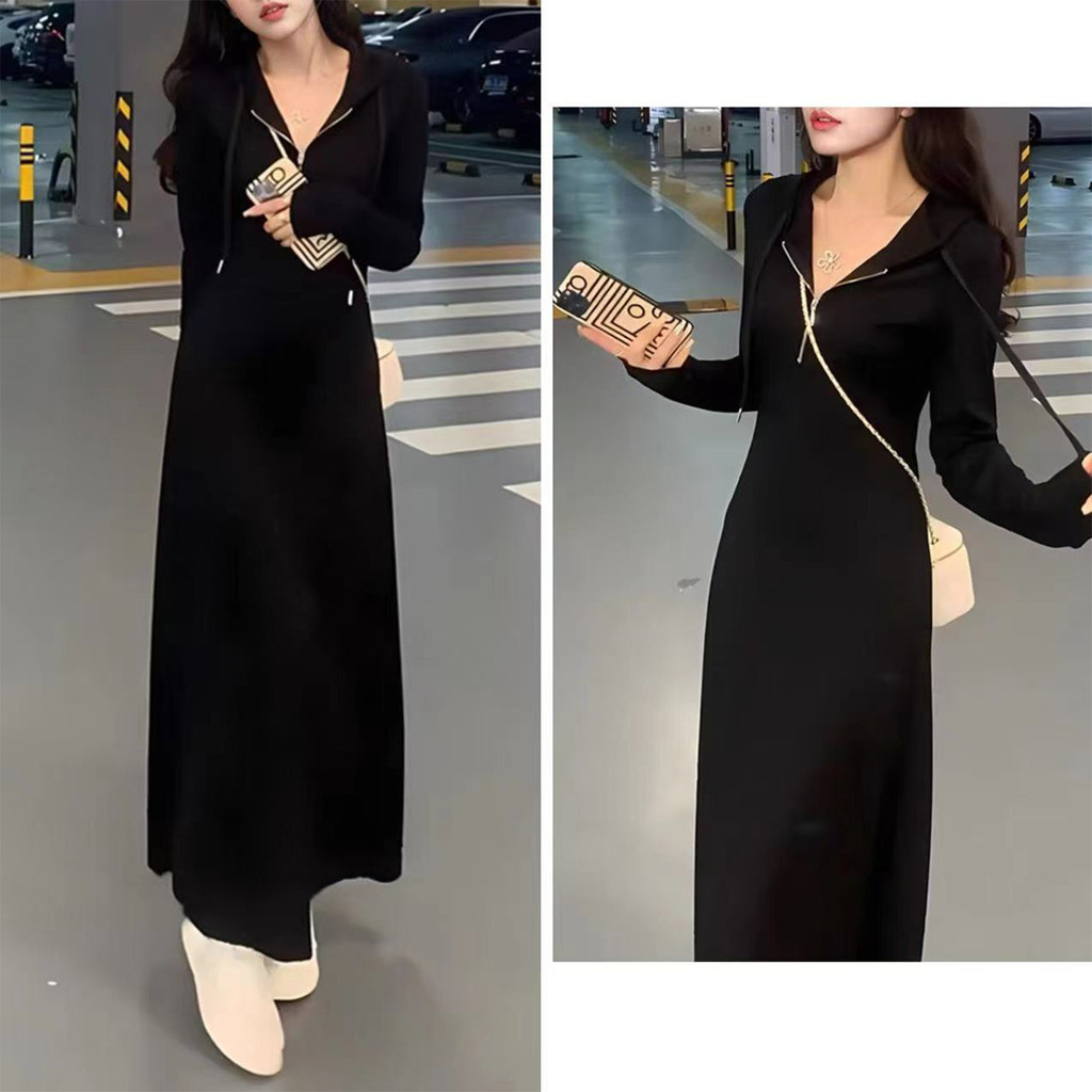 เดรสยาวแขนยาว สีดำ ดีไซน์หรูหรา ใหม่ล่าสุด