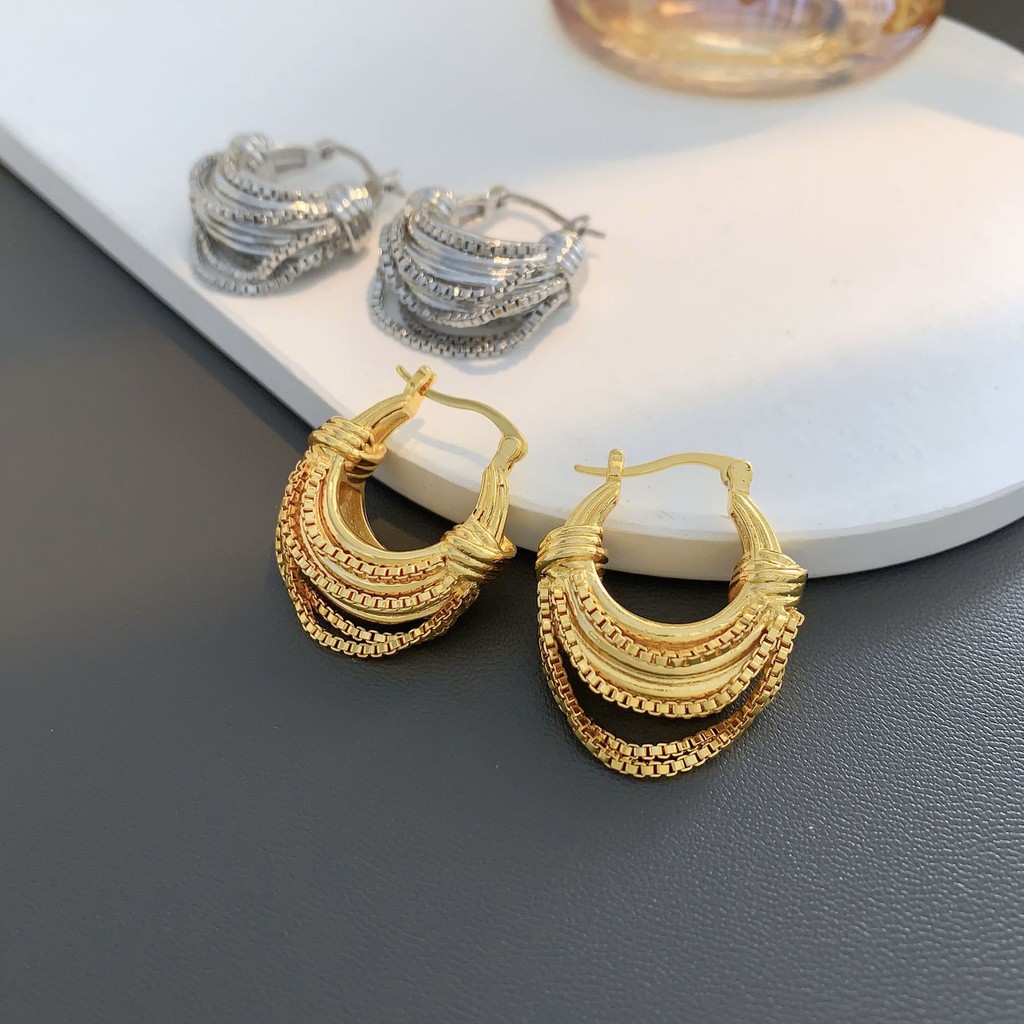ต่างหู ทองแดงชุบ 18K ทองแท้ U-Shaped Chain ต่างหูผู้หญิง