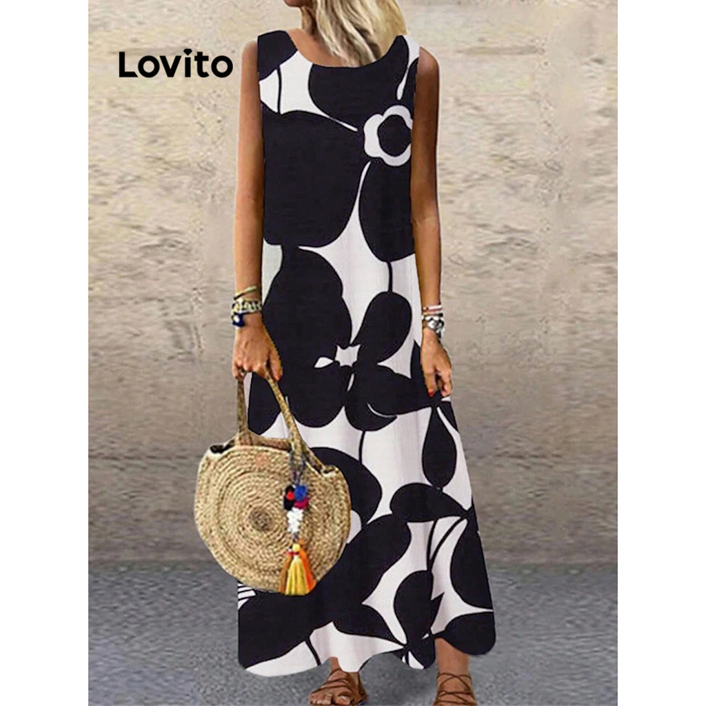 Lovito ชุดเดรสเรขาคณิตทรงกลมลายดอกไม้โบโฮสำหรับผู้หญิง LBL15381