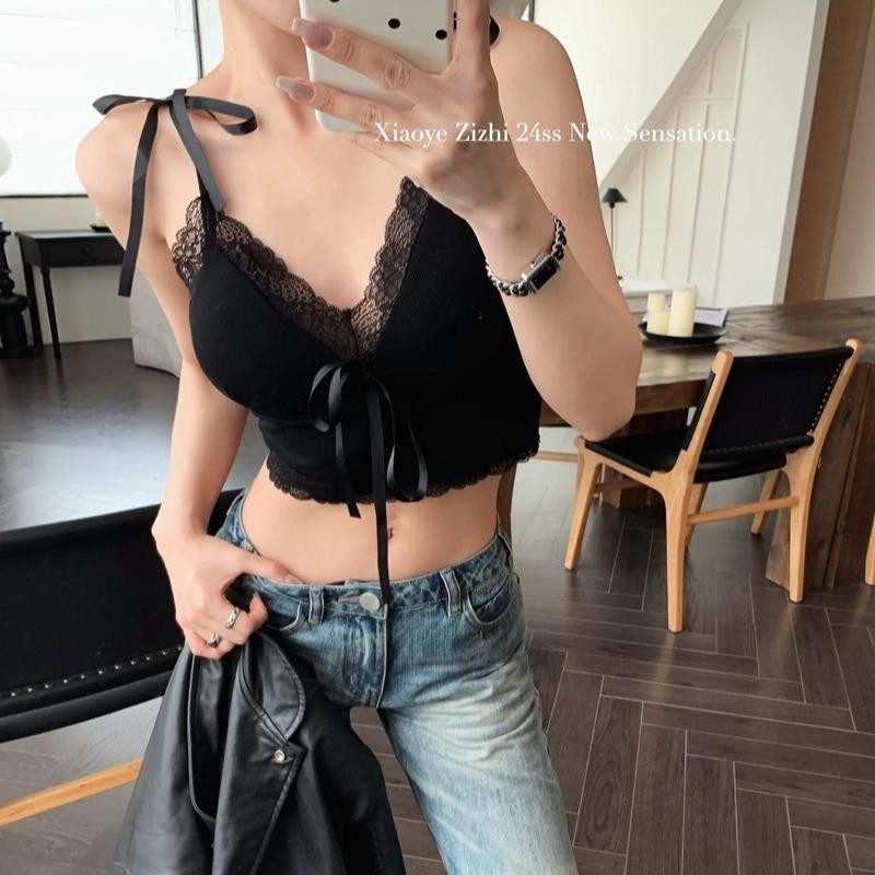 Nattybrashop เสื้อ แฟชั่น สายเดี่ยว ผูกเชือก โบว์ ผ่านุ่ม มี2สี อก32-38 เสื้อผ้าผู้หญิง