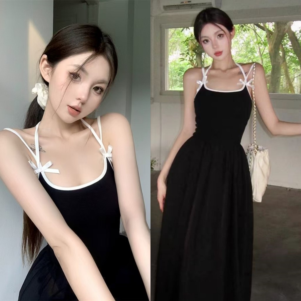 Luna Shop ชุดเดรสสายเดี่ยวสไตล์ย้อนยุคสไตล์ฝรั่งเศส ชุดเดรสยาวสีดำเข้ารูปเว้าหลังสไตล์ฤดูร้อนใหม่