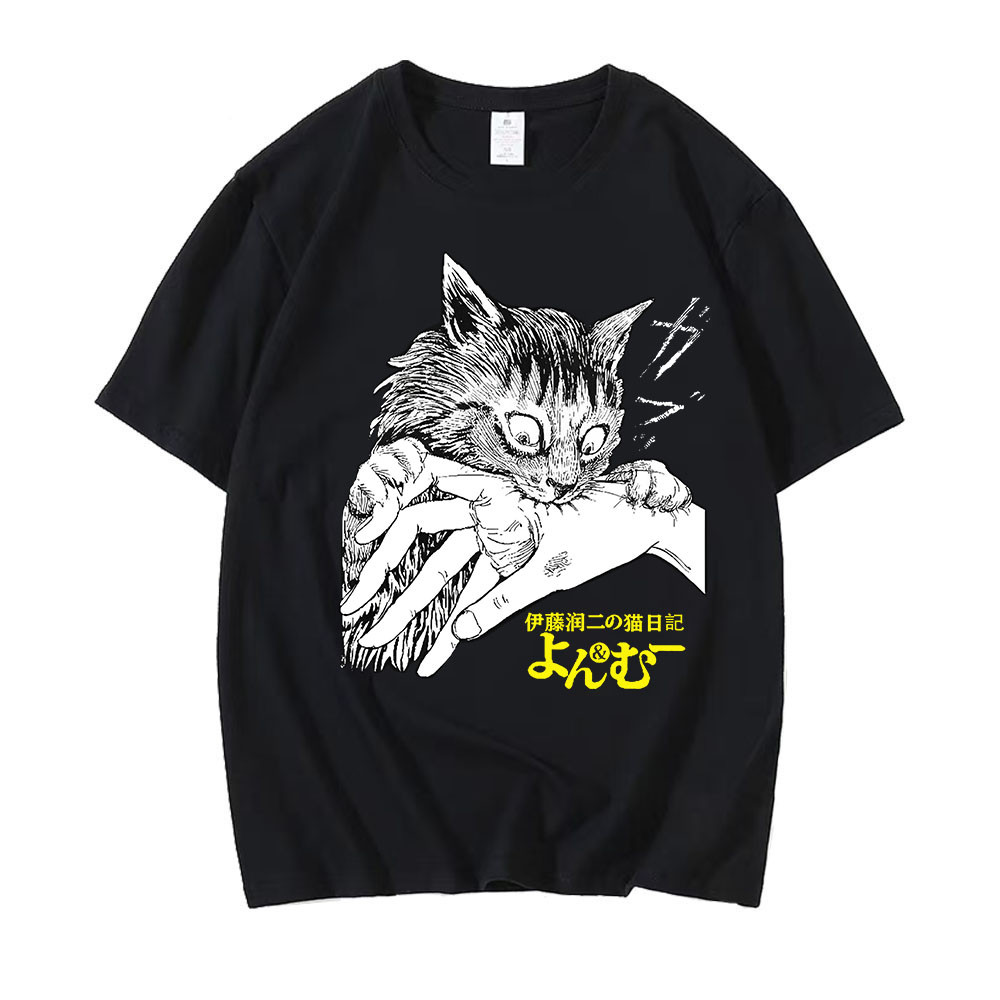 [ Promotion ] แมวพิมพ์เสื้อยืด เสื้อยืดผ้าฝ้ายแท้ แขนสั้น#junji ito