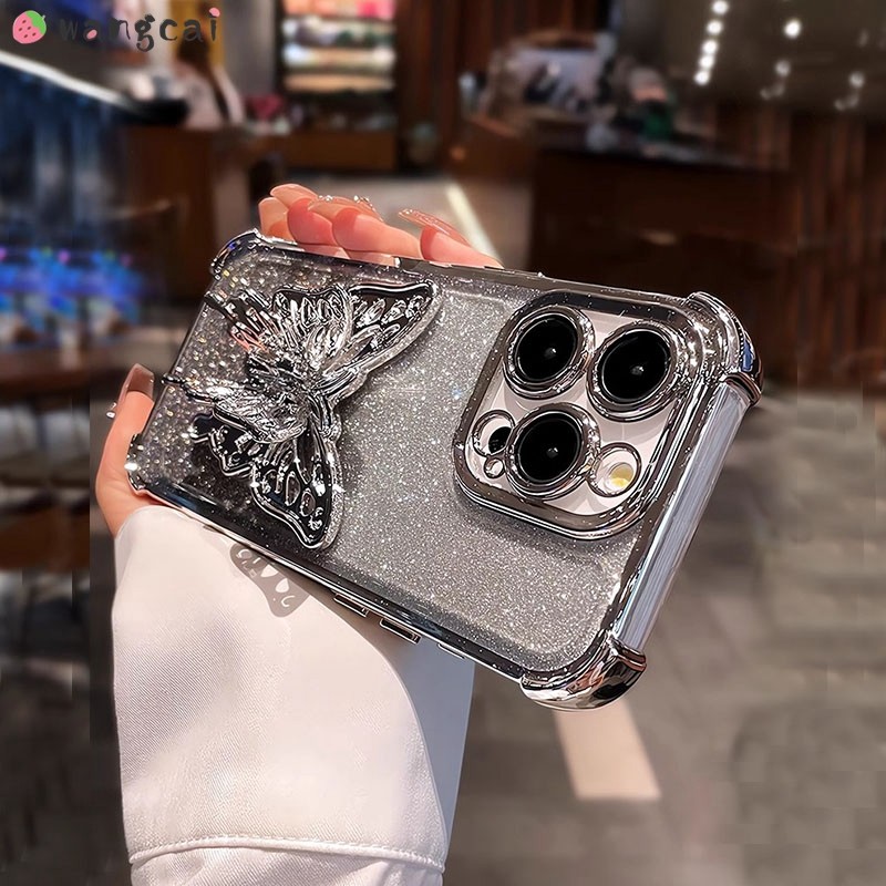 สําหรับ OPPO A77 A57 A56 A56s A55 A55s A54s A53 A53s 4G 5G เคสโทรศัพท์ 3D สเตอริโอผู้ถือผีเสื้อขาตั้งชุบไล่ระดับสีเงา Shining Glitter หรูหราปลอกอ่อนกรณีฝาหลัง