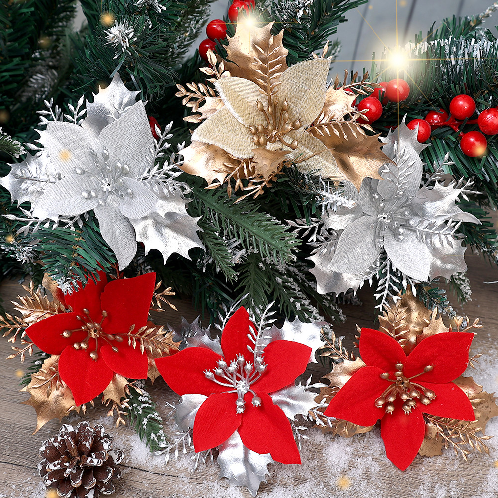 ประดิษฐ์คริสต์มาสดอกไม้ตกแต่ง Props จําลอง Xmas Poinsettia ดอกไม้ปลอมพืช DIY พวงหรีดเทศกาลเครื่องประดับ