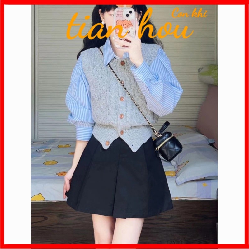 ชุดใหม่ผู้หญิงฤดูใบไม้ร่วงใหม่สไตล์วิทยาลัยเสื้อกันหนาวถักเสื้อกั๊กลายทางเสื้อกระโปรงเอวสูงใส่แล้วดูผอมแฟชั่น