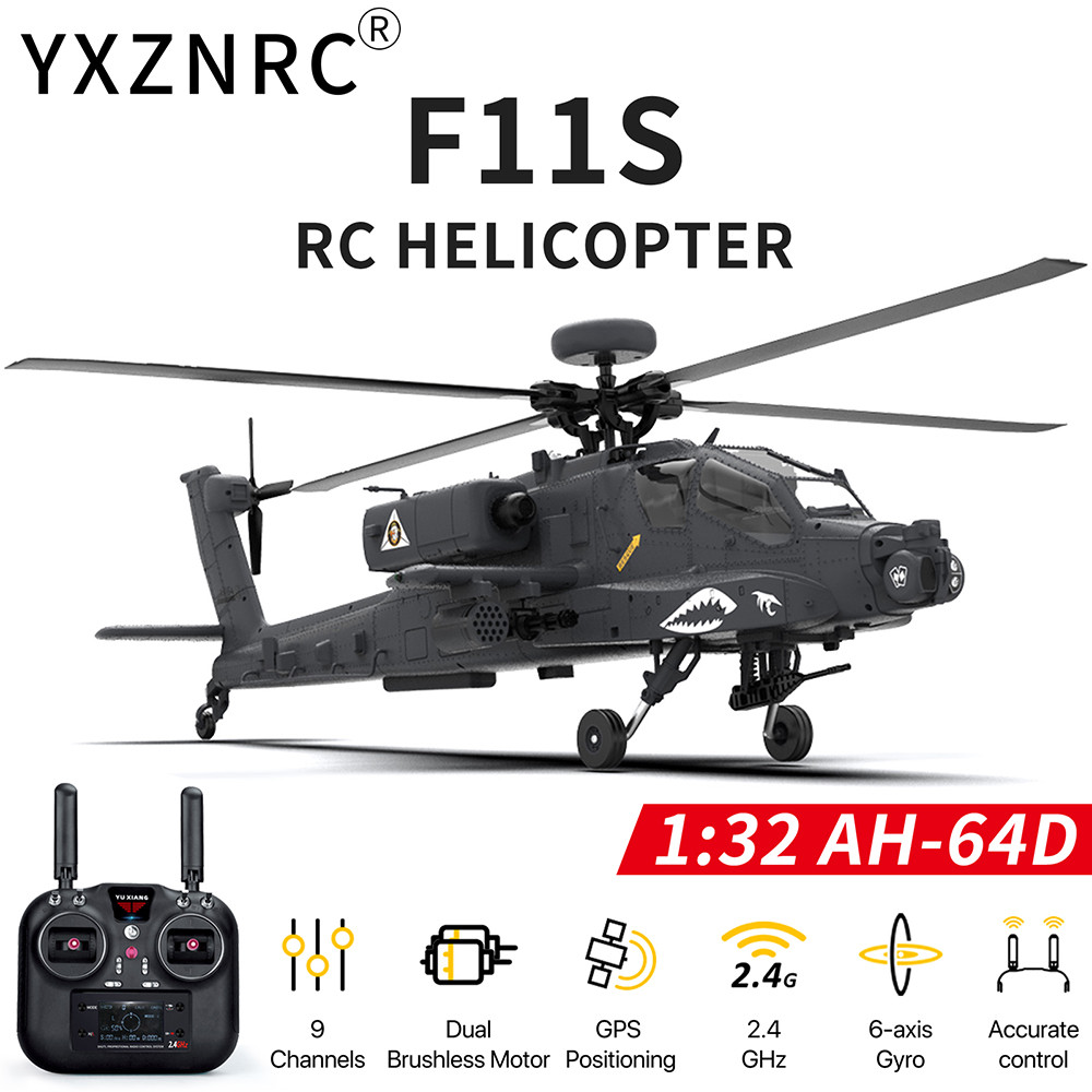 ​YZZNRC F11S RC เฮลิคอปเตอร์ 1:32 AH-64D Apache 2.4G 6 แกน Gyro 9CH GPS Optical Flow ตําแหน่ง 5.8G ก