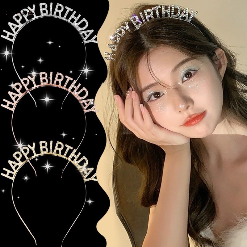 สไตล์เจ้าหญิง Sparkly Rhinestone วันเกิด Tiara Crown ผู้หญิงสาวตัวอักษรภาษาอังกฤษ Happy Birthday Headband วันเกิด Party Hairband อุปกรณ์เสริมผม