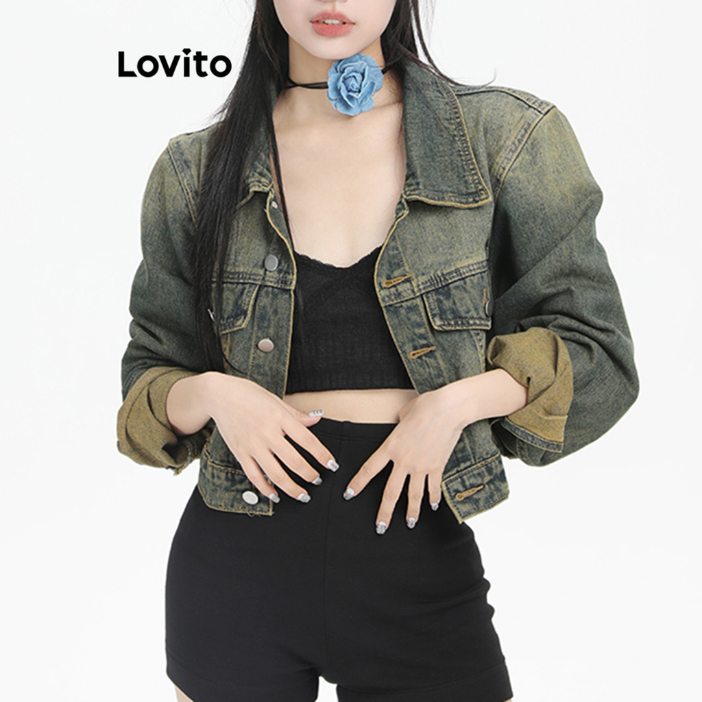 Lovito เสื้อแจ็คเก็ตยีนส์กระดุมธรรมดาสำหรับผู้หญิง LNA79128